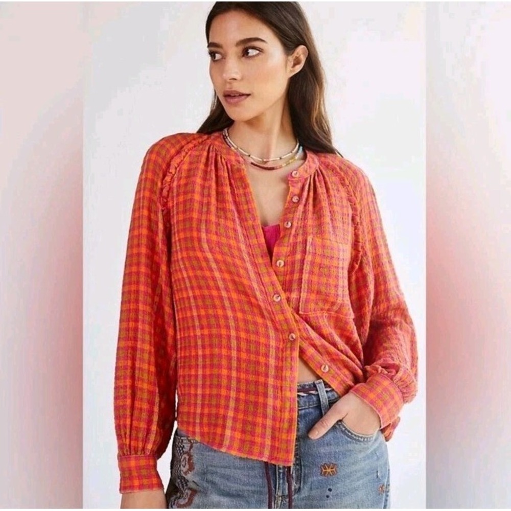 Pilcro By Anthropologie Women's Button Down Tunic Top S Seersucker Bright Ruffle